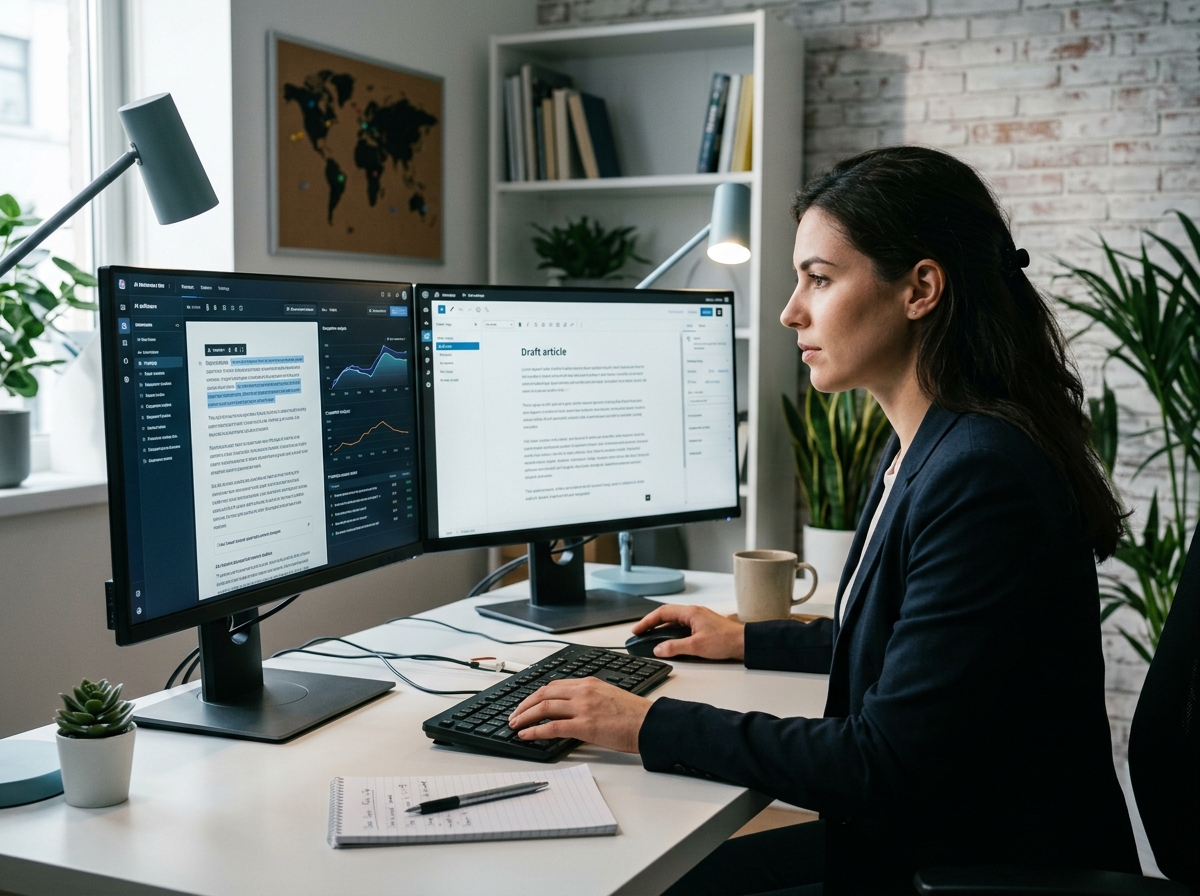 A content strategist using an AI-powered SEO tool on a dual-monitor setup to analyze competitor data.