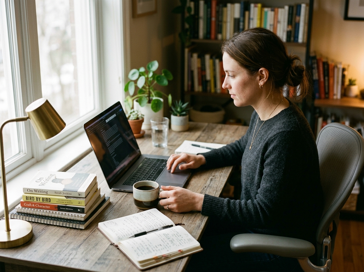 A professional writer focused on crafting an authoritative article at a desk filled with research materials.