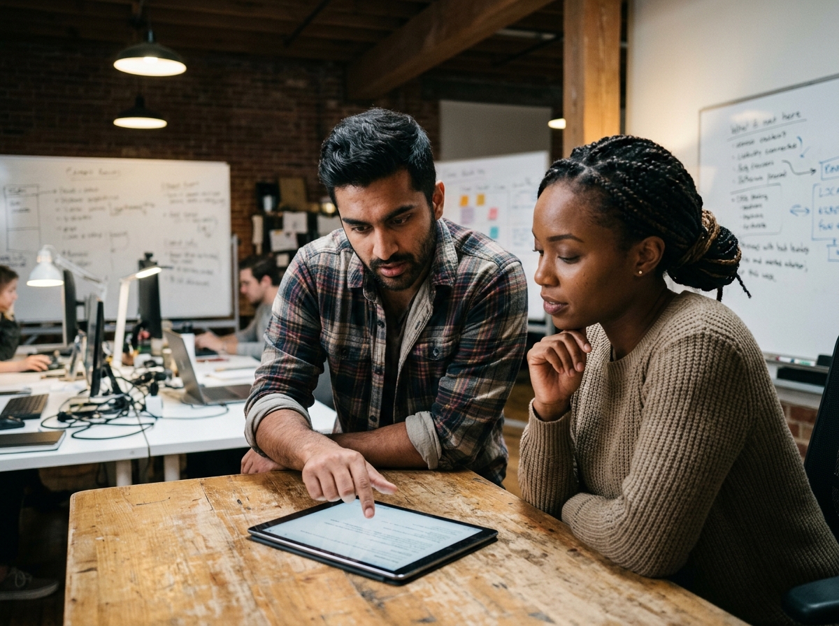 Two startup founders analyzing real-time competitor data on a tablet for advanced SEO strategy.