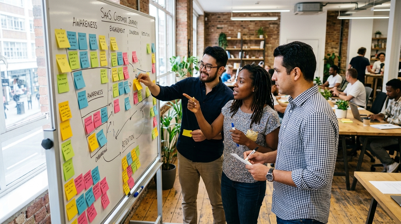 A diverse team of SaaS startup founders collaborating around a whiteboard, mapping out a customer journey funnel with sticky notes.