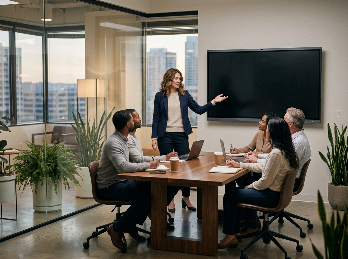 A content strategist presenting a topic cluster model on a large screen to an engaged marketing team in a modern office.