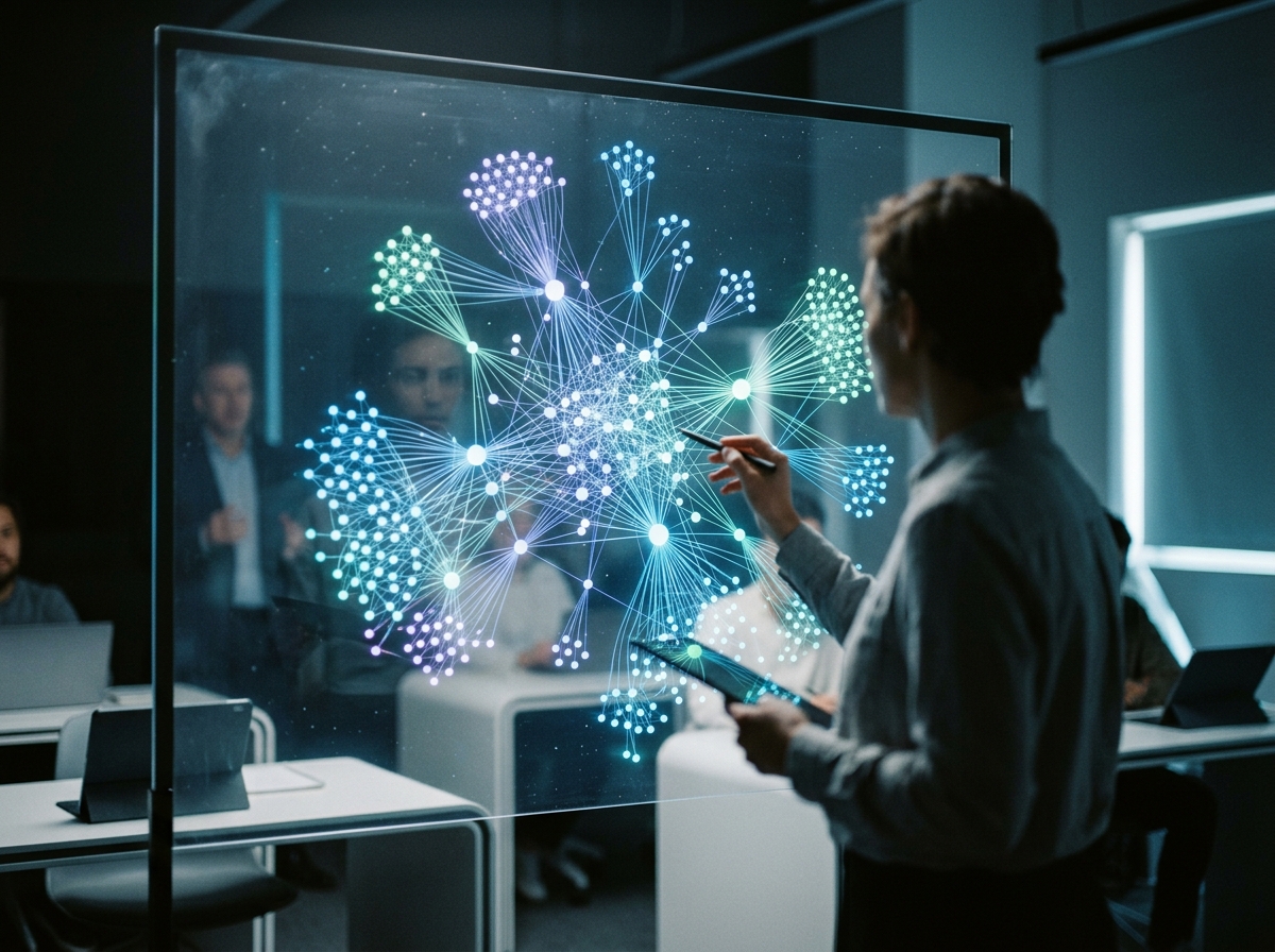 A data scientist analyzing a complex semantic network graph on a futuristic transparent screen, illustrating entity connections for AI searc