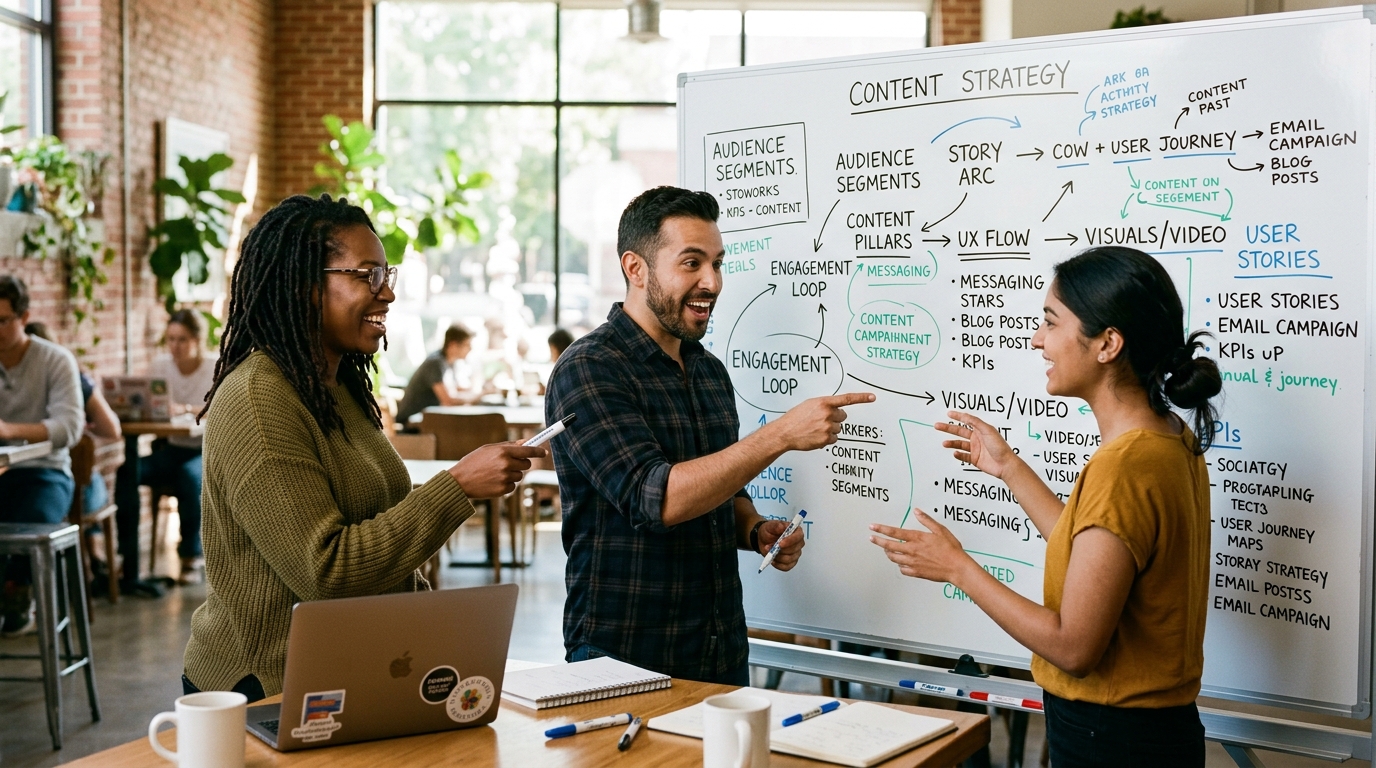 A diverse team of startup founders collaborating on a content strategy around a whiteboard.