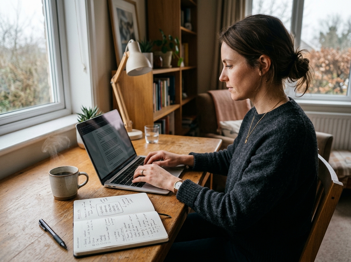 A solo content creator focused on writing an SEO article on her laptop in a clean, organized workspace.