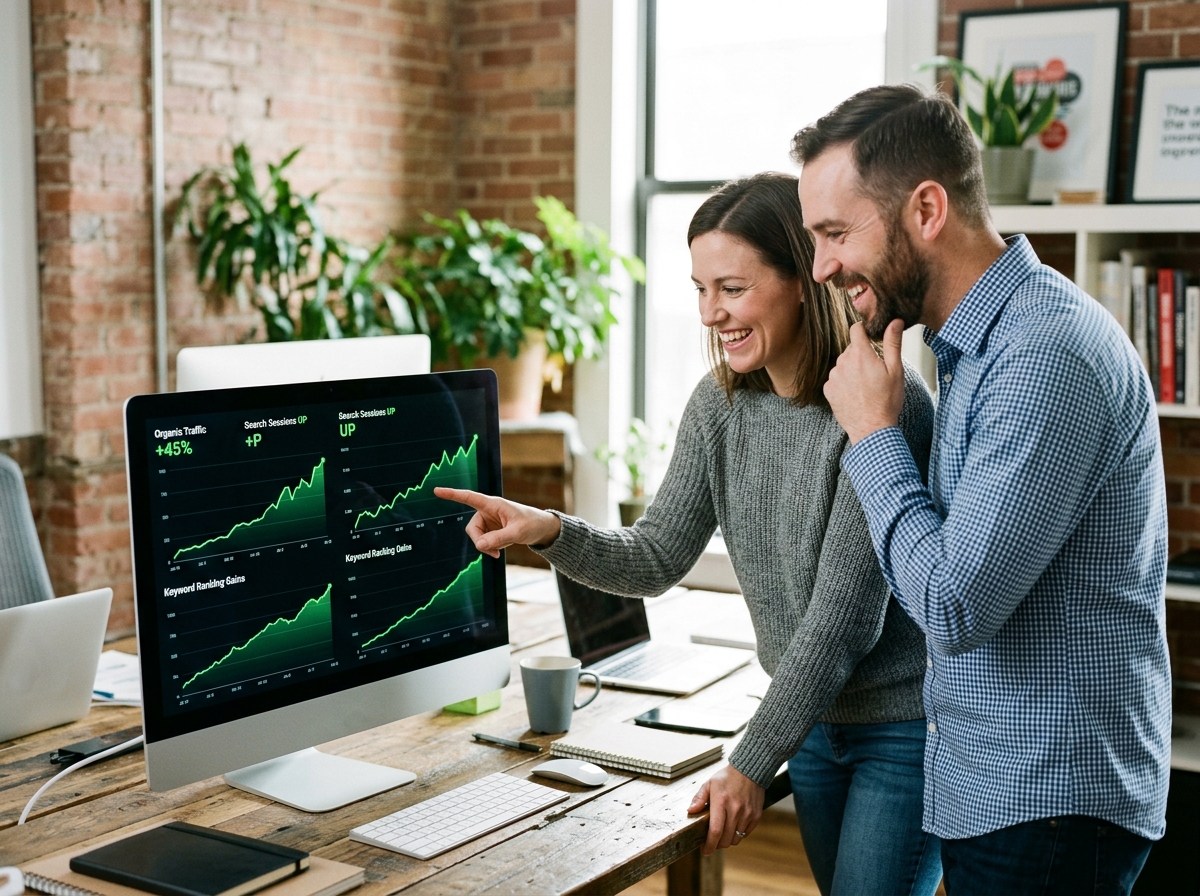 Two small agency partners celebrating positive organic traffic growth shown on a large data dashboard.