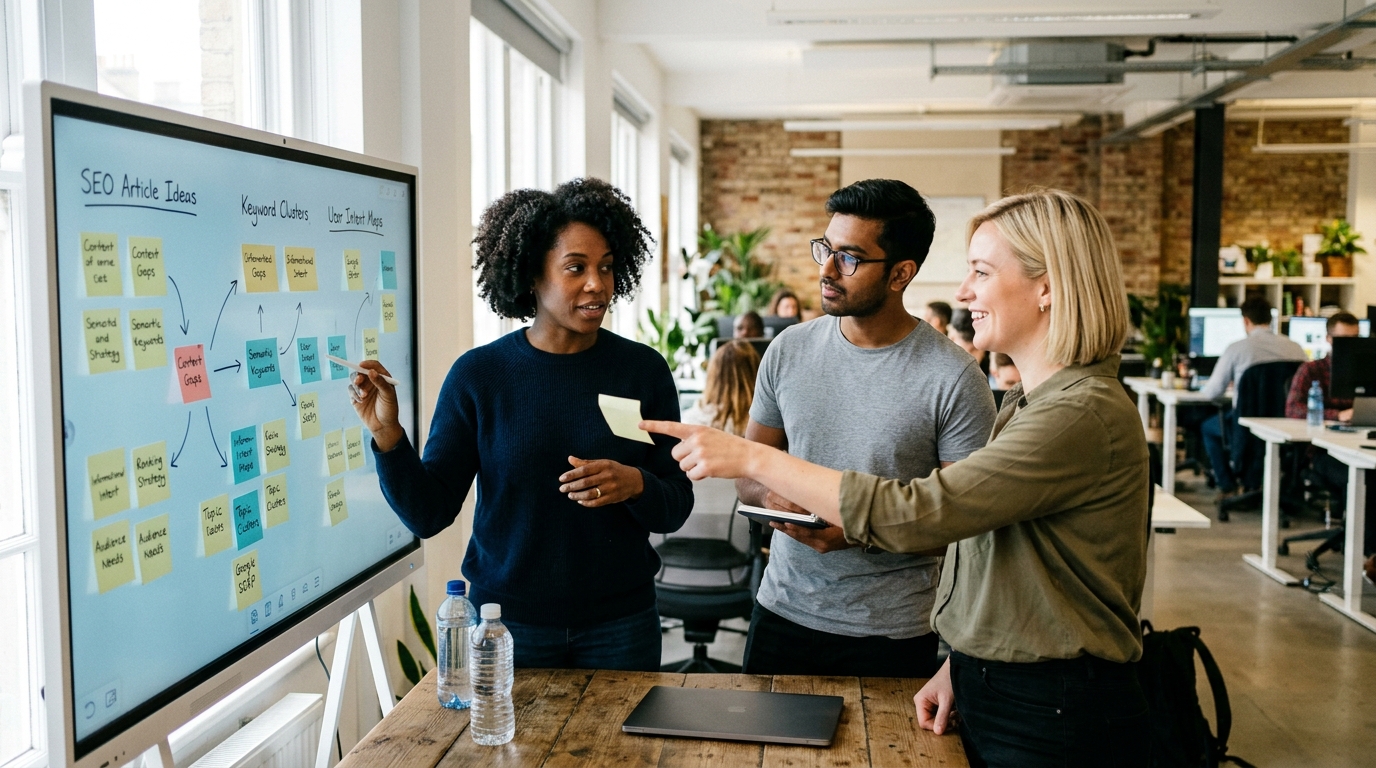 A diverse team of content strategists collaborating around a large digital whiteboard displaying SEO article outlines and keyword data.