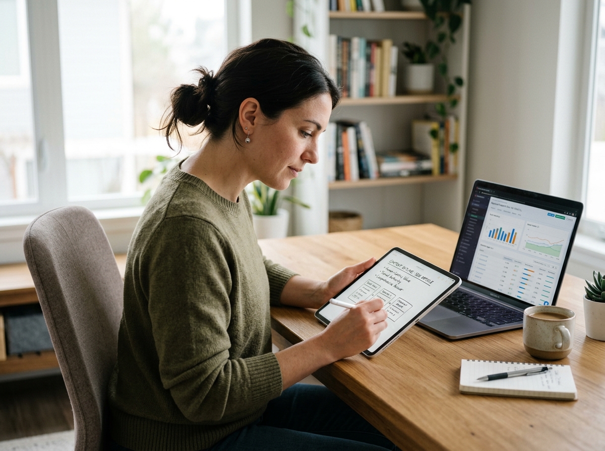 A solo founder sketching out an SEO article outline on a tablet at a clean, minimalist desk.
