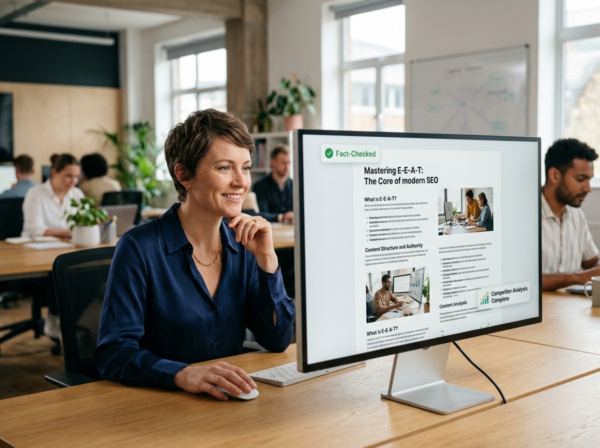 A small agency owner looking at a monitor showing a perfectly formatted, AI-generated SEO article, with a look of satisfaction.