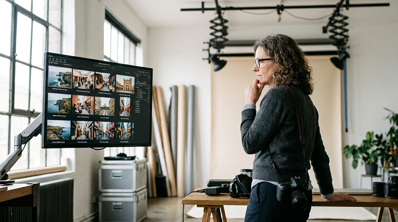 A professional photographer in their studio analyzing a grid of images on a large monitor to plan their keywording strategy.