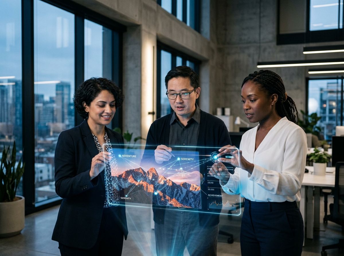 A team of diverse data scientists collaborating around a futuristic interface showing how AI understands image concepts.
