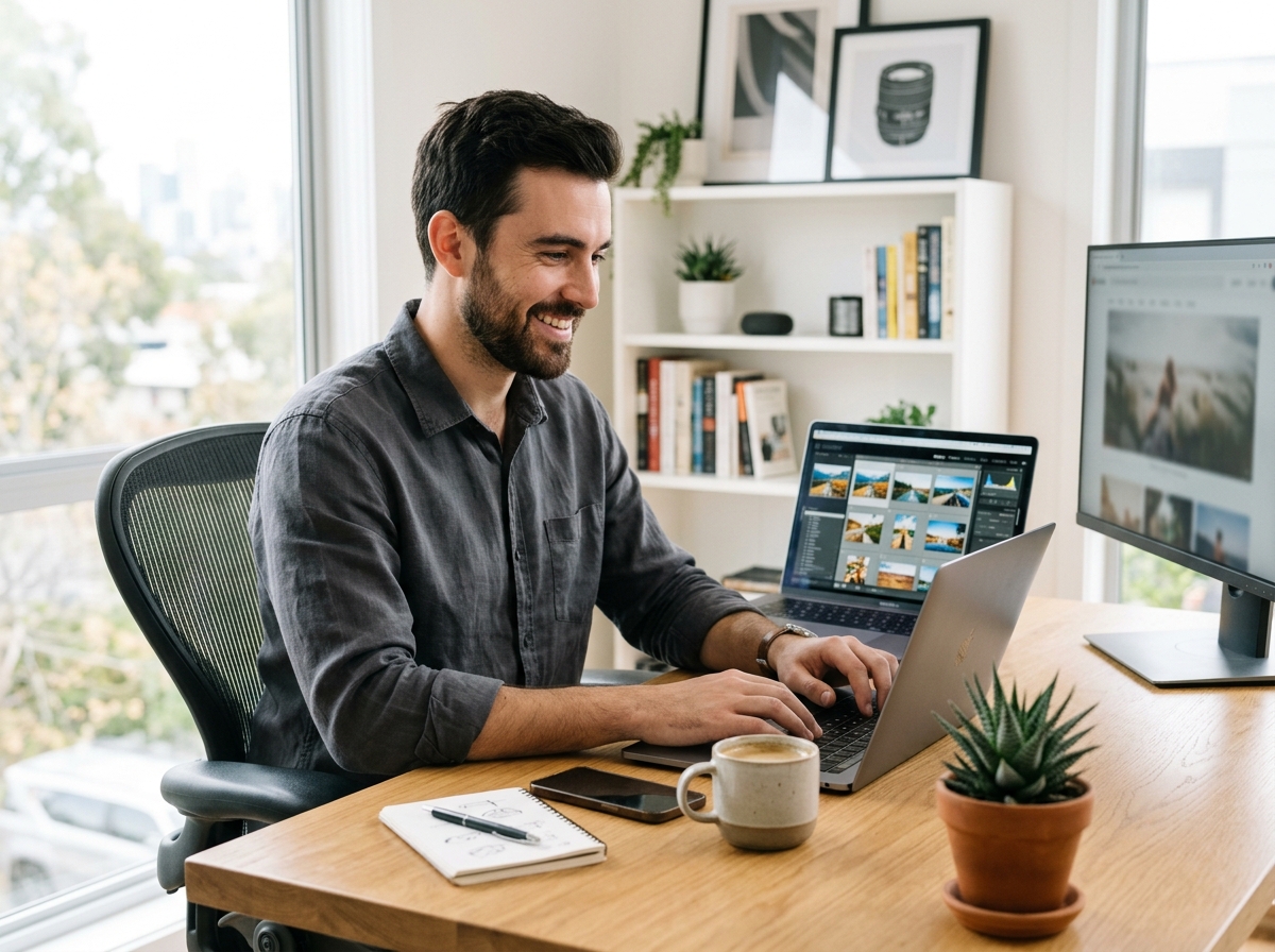 A satisfied microstock contributor working efficiently on a laptop, representing a streamlined, AI-powered workflow.