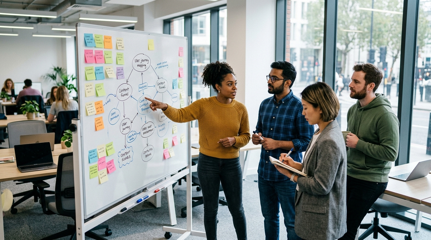 A diverse marketing team collaborating around a large whiteboard, mapping out a user's question-based journey for an AEO strategy.