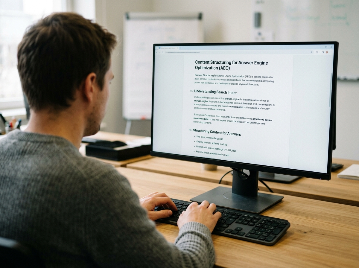 A content strategist meticulously structuring an article for AEO with clear headings and lists on a large computer monitor.