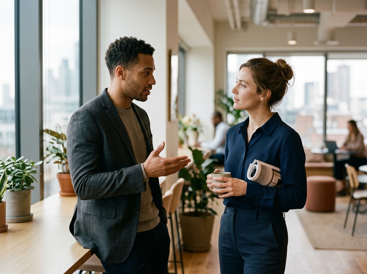 A data analyst presenting a dashboard to colleagues showing AI citations and brand mentions as key AEO metrics.