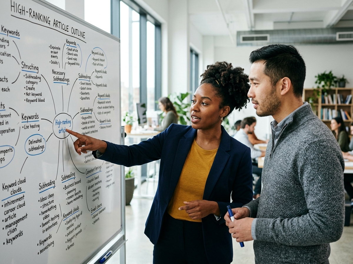 Two content strategists deconstructing the anatomy of an SEO article on a whiteboard.