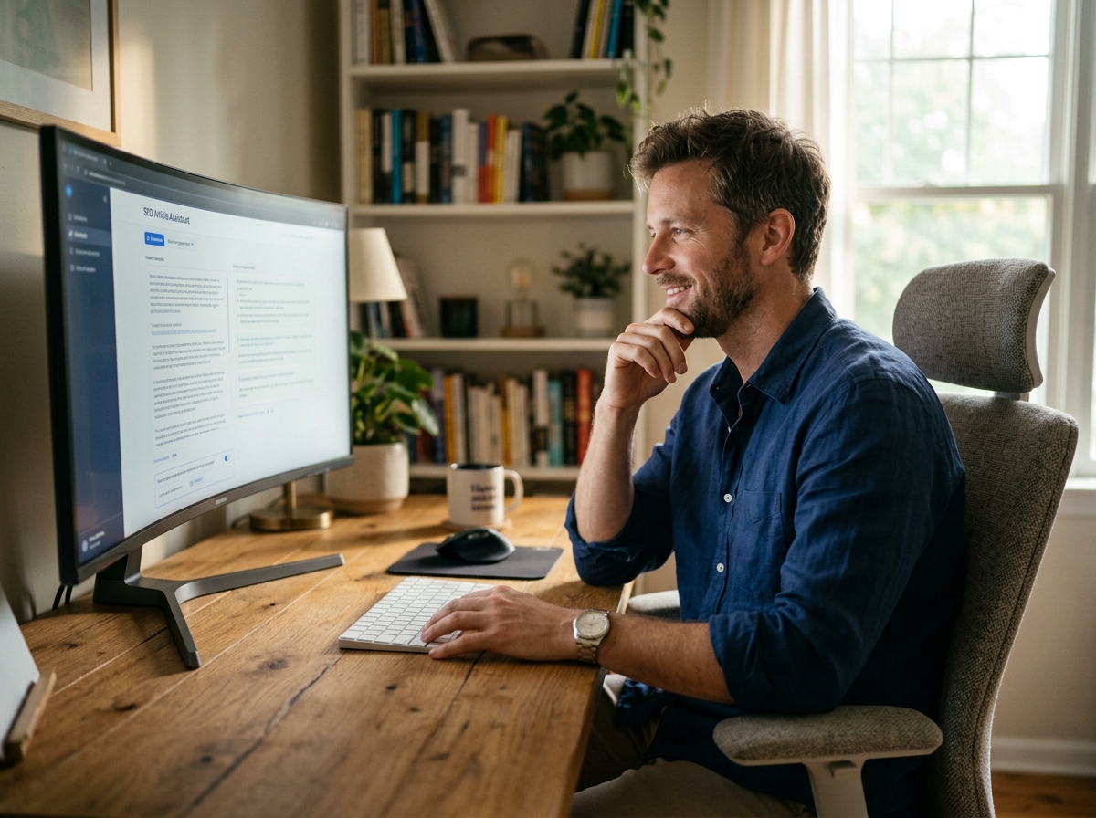 A startup founder efficiently using an AI content generation tool to create an SEO article.
