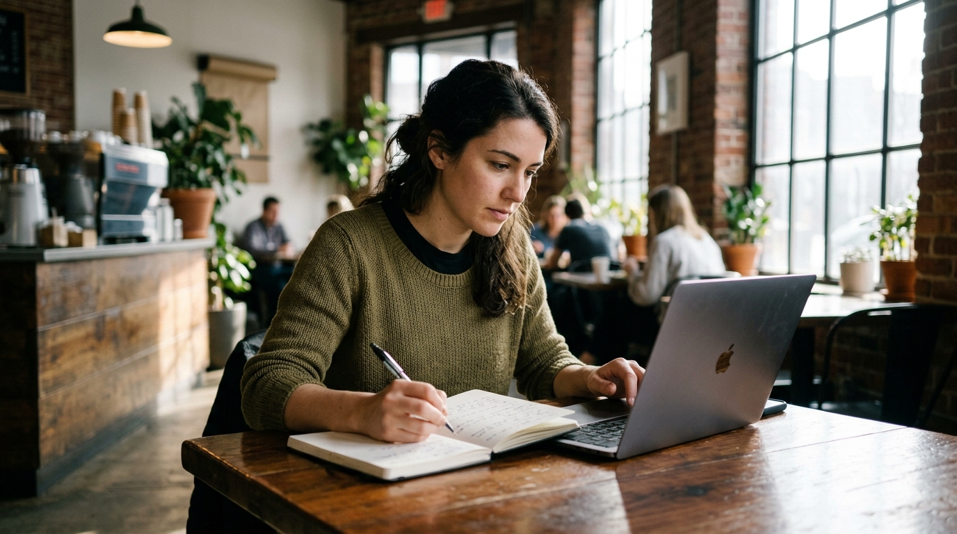 A solo entrepreneur at a sunlit cafe table, comparing notes in a notebook with an article draft on their laptop.