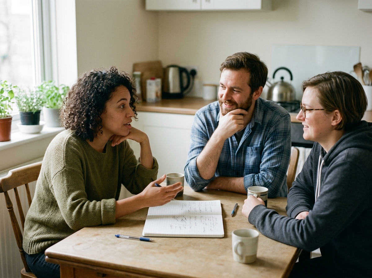 A content strategist pointing at a whiteboard covered in mind maps and keyword clusters during a team meeting.