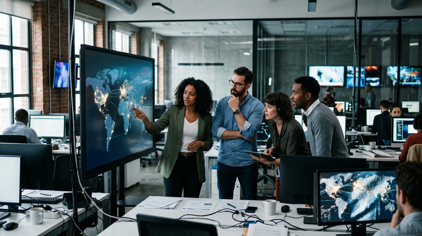 A diverse team of journalists in a modern, fast-paced newsroom collaborating around a large screen displaying real-time data and trending to