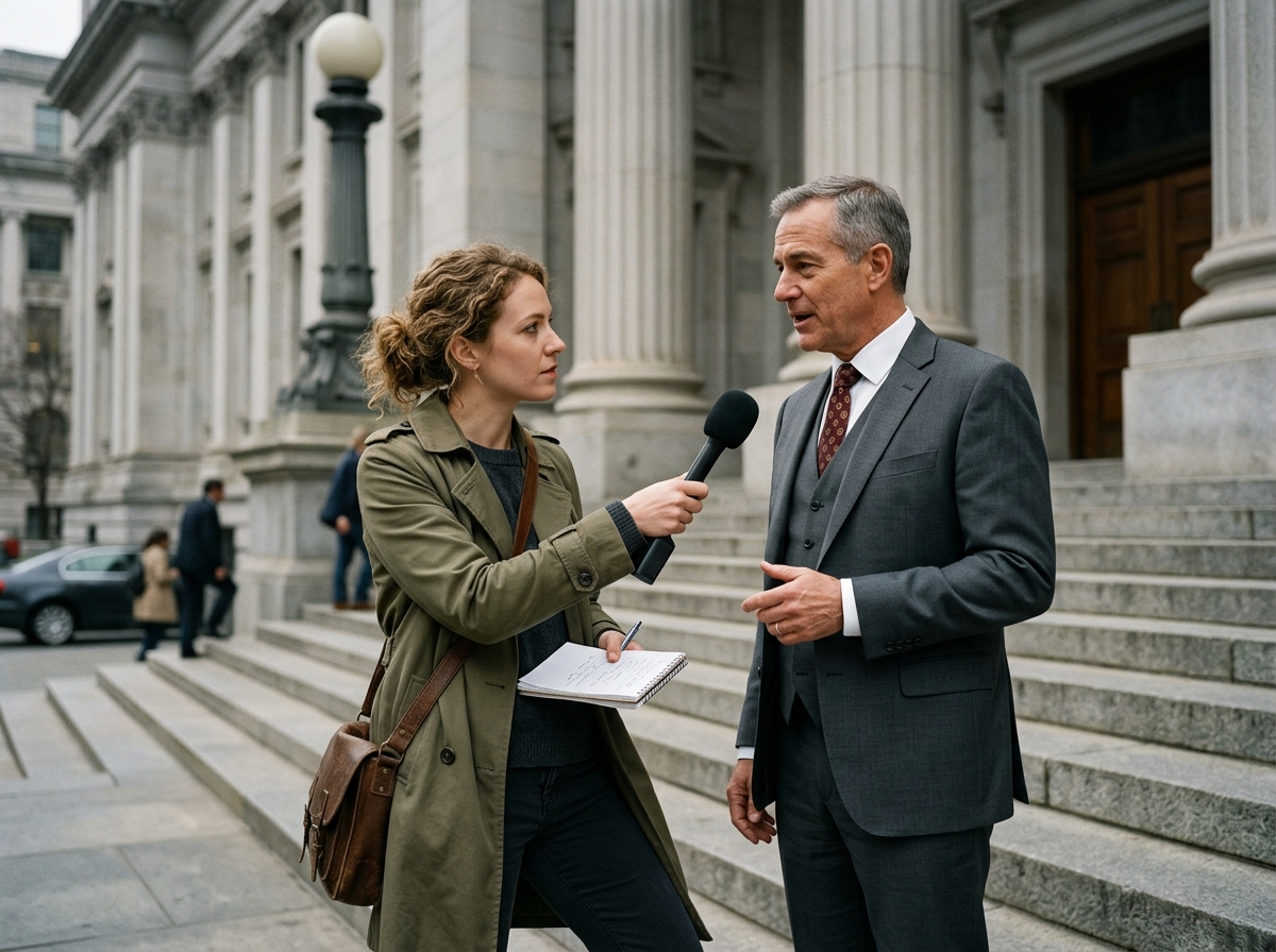 A female journalist with a press pass conducting an interview with a city official on the steps of a government building, demonstrating expe