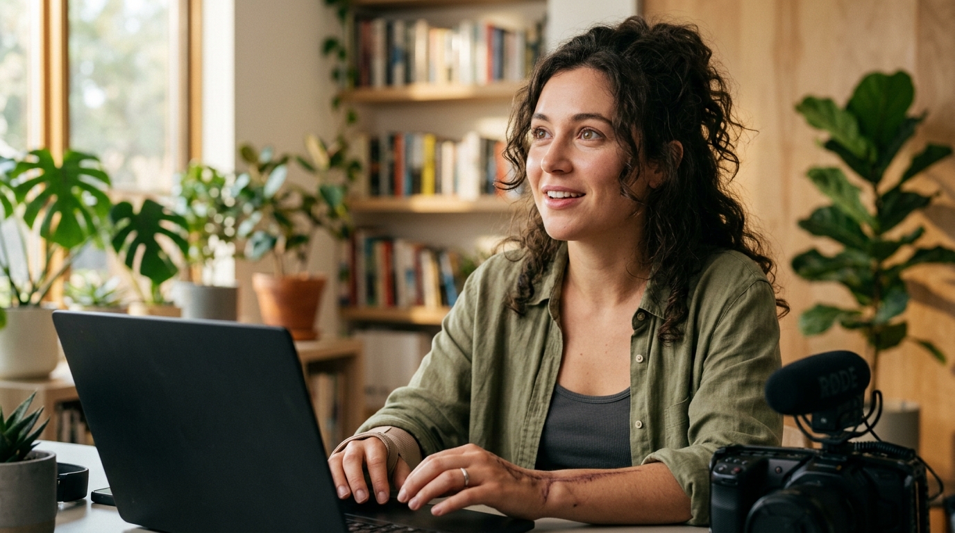A freelance videographer in a modern home office, smiling as they review AI-generated keywords for a video project on their laptop.