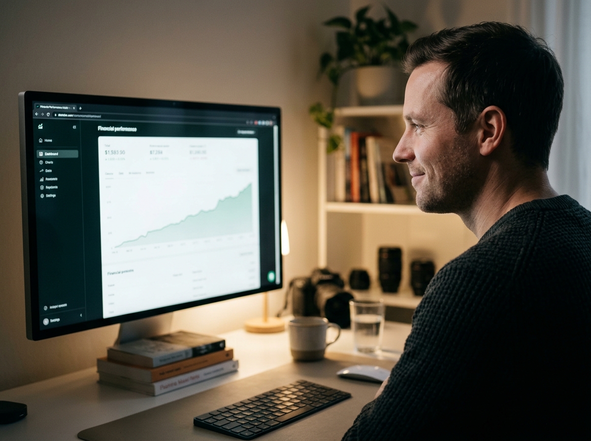 A microstock video creator looking at a monitor displaying a rising sales chart, with a subtle smile of satisfaction.