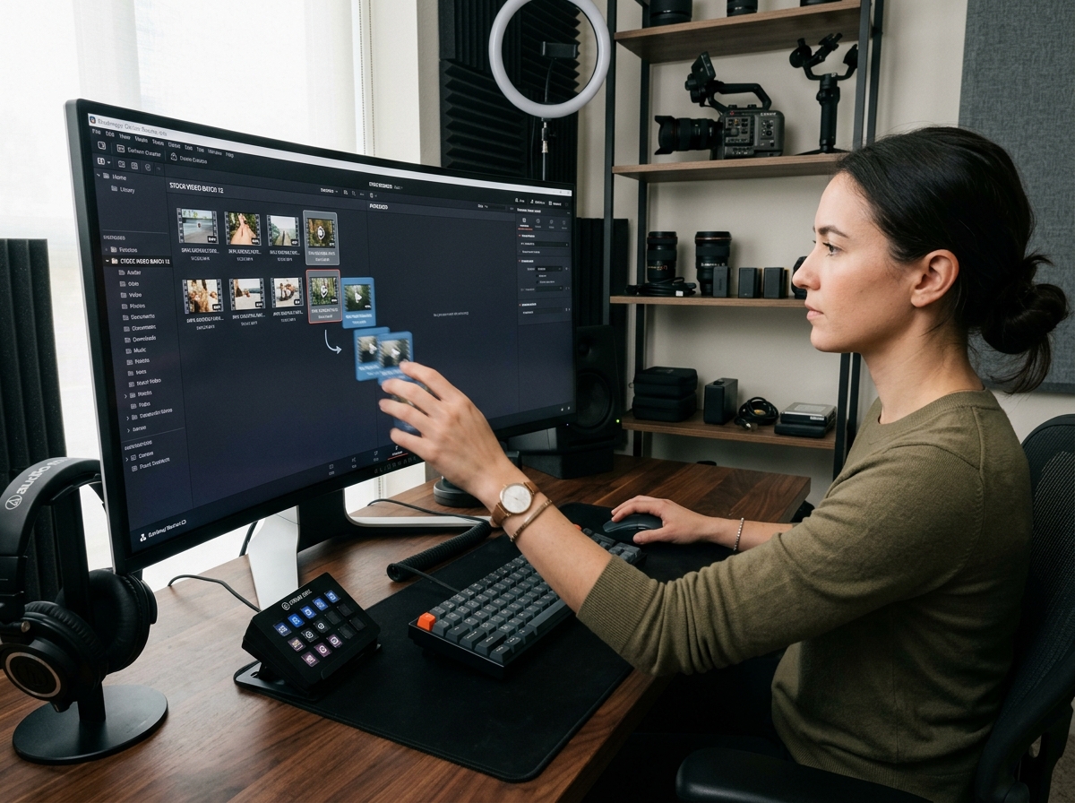 A content creator in their professional studio efficiently dragging and dropping video files from a folder into an AI software interface on 