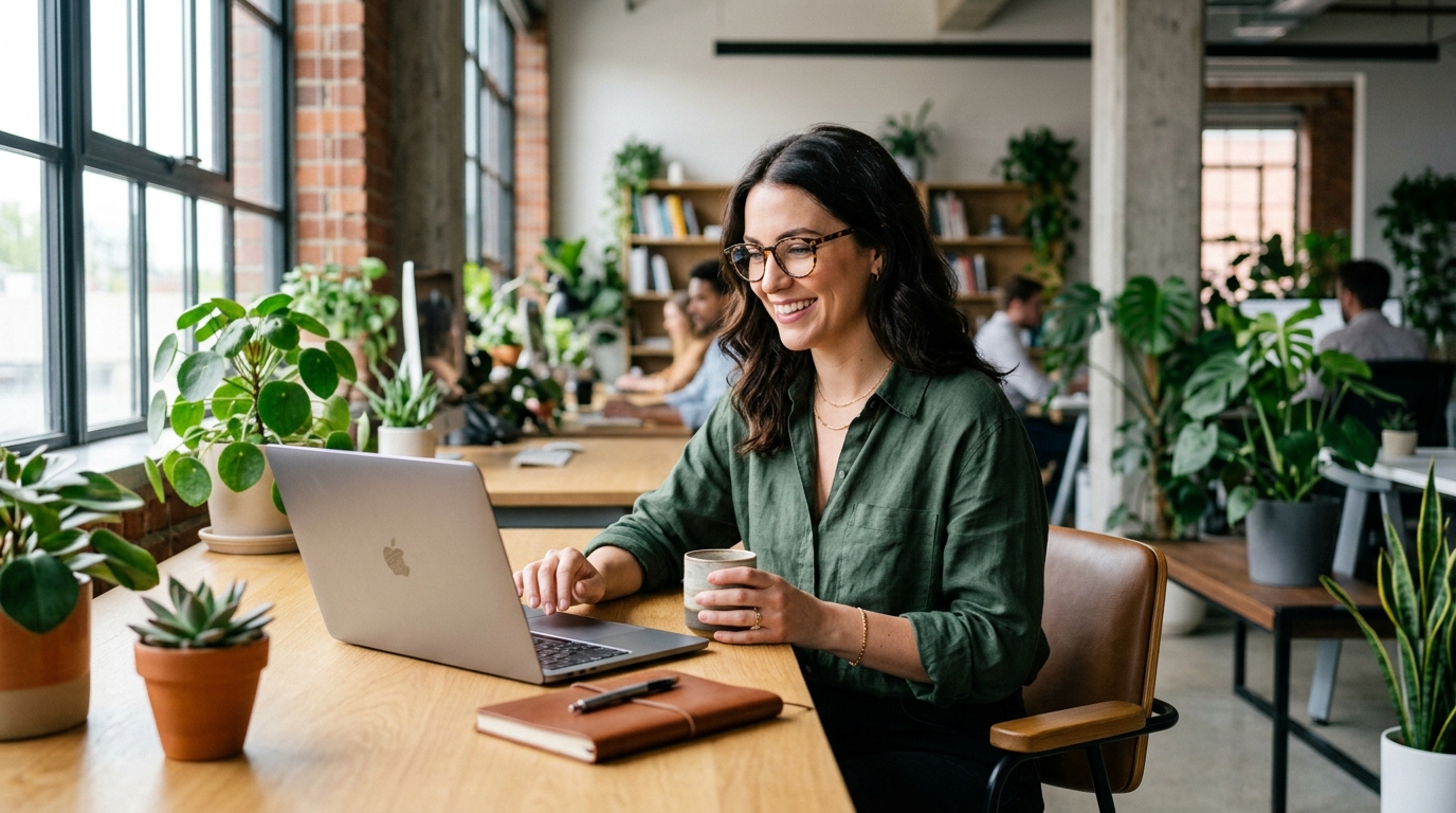 A content manager at a startup using a laptop in a bright, modern office to review a content performance dashboard.