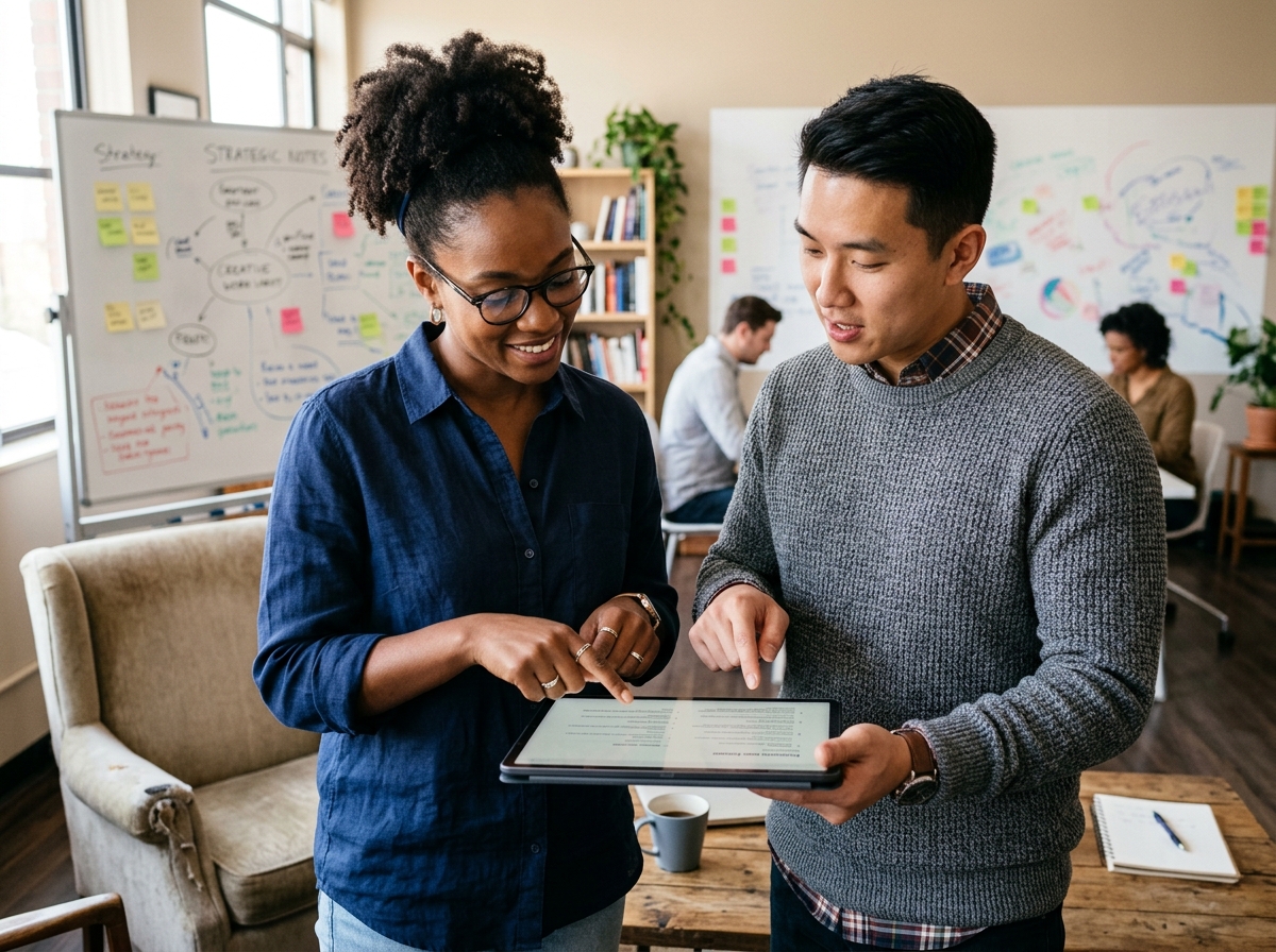 Two colleagues collaborating over a tablet, discussing an SEO content outline.