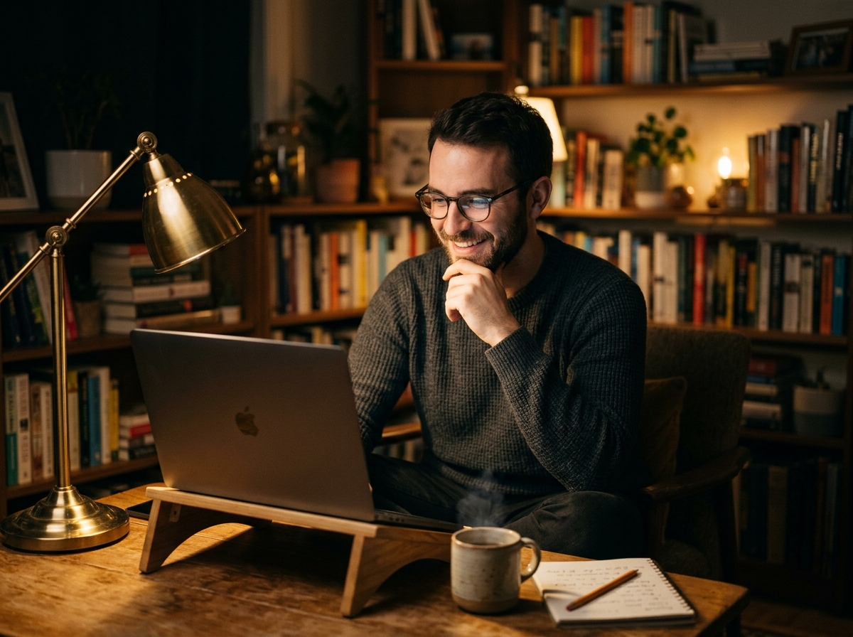 A solo entrepreneur working late at a home office, looking relieved and accomplished while reviewing a newly published article on their webs