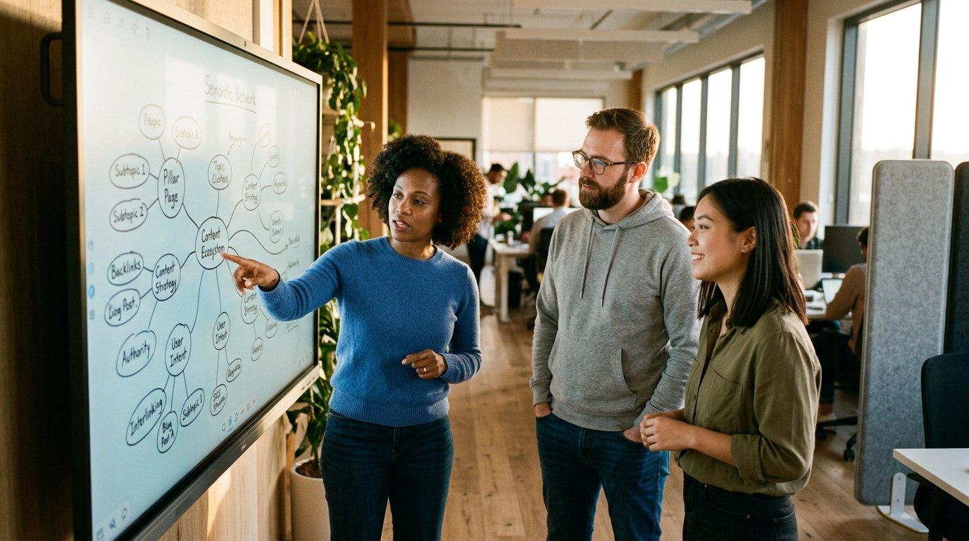 A diverse team of content strategists collaborating around a digital whiteboard displaying a semantic network of connected ideas.