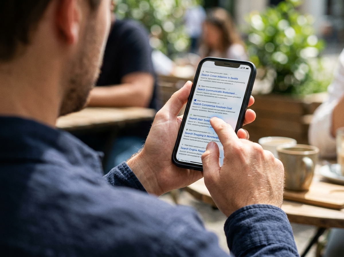 A close-up shot of a person's finger interacting with a search result on a smartphone, highlighting user experience signals.