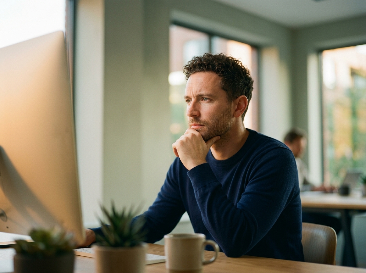 A data analyst looking at a complex dashboard showing SERP feature acquisition and ranking fluctuations.