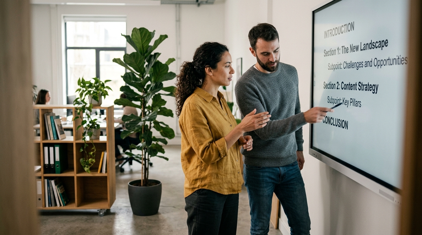 Two content strategists collaborating on an SEO article writing template on a digital whiteboard in a modern, sunlit office.