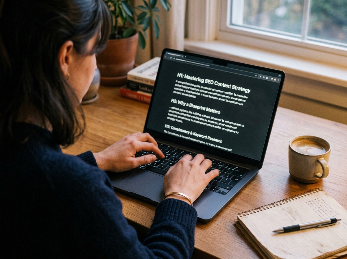 A close-up of a writer's hands typing on a laptop, with a detailed SEO article outline visible on the screen.