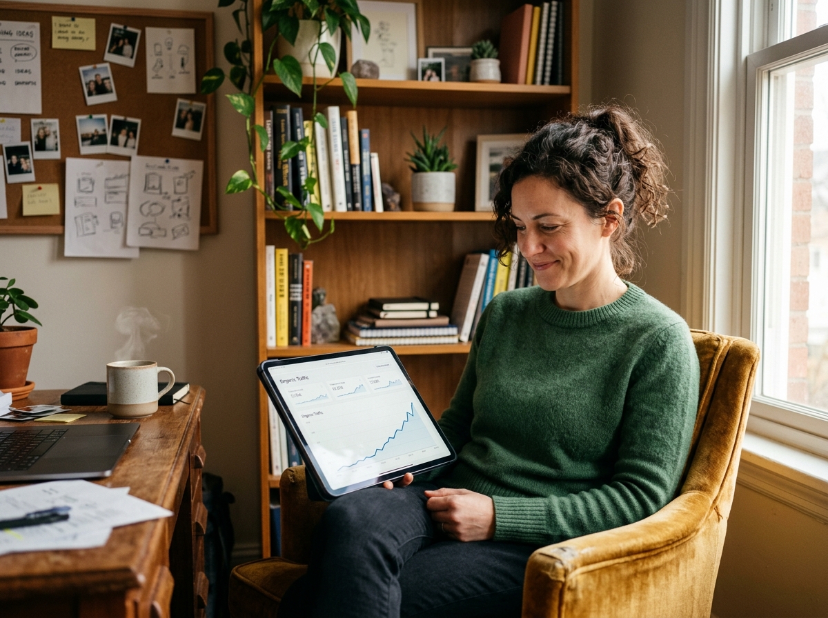 A small business owner smiling as they review a graph showing a significant increase in organic traffic on their tablet.