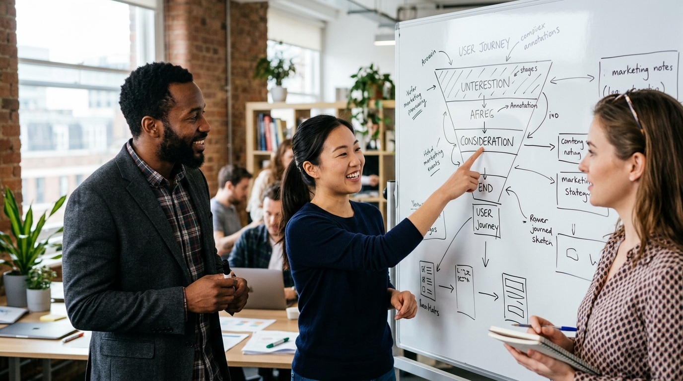 A diverse team of content strategists collaborating around a whiteboard covered in diagrams about SEO and user funnels.