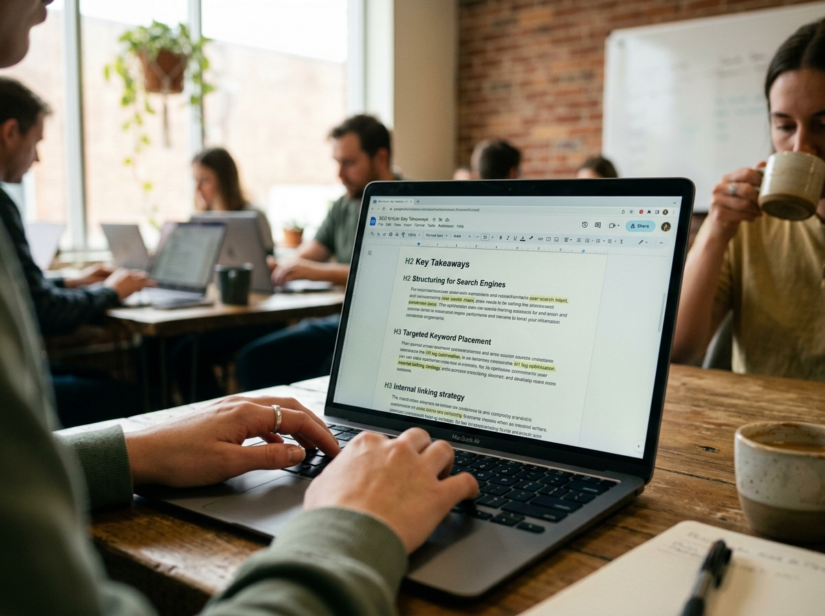 A close-up over the shoulder of a writer editing an article, highlighting SEO elements like headings and keywords.