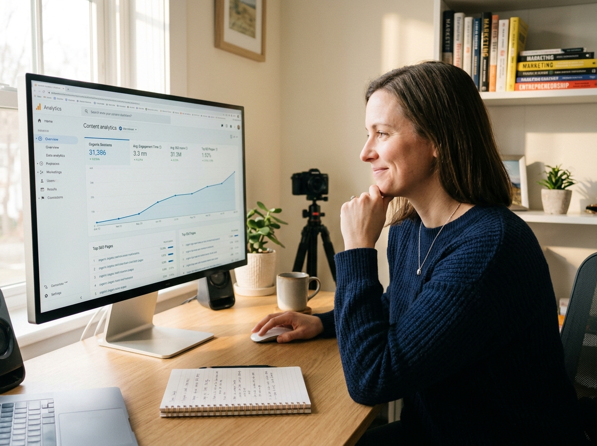 A small business owner analyzing a dashboard showing positive organic traffic growth after implementing an AI SEO strategy.