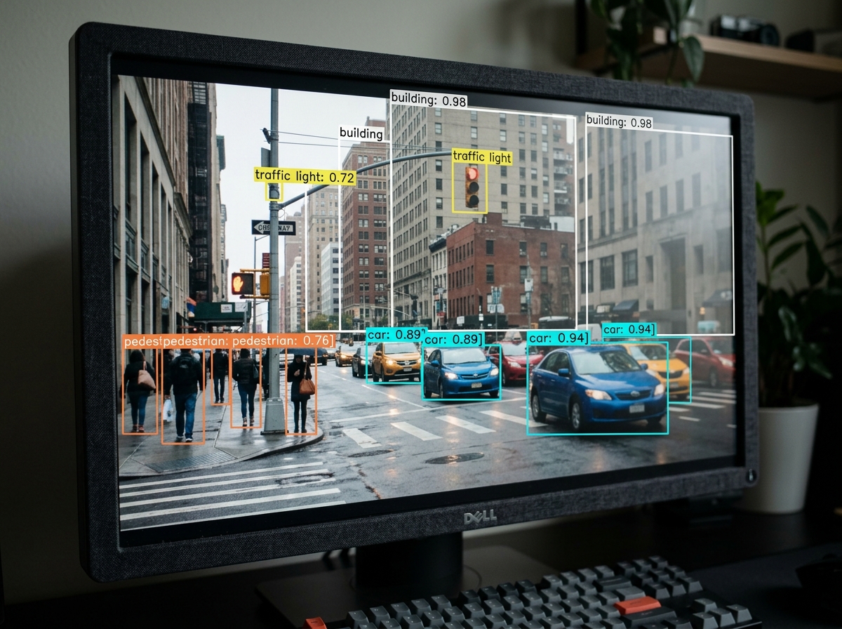 A close-up of a computer screen showing how AI analyzes a video frame with bounding boxes around objects.