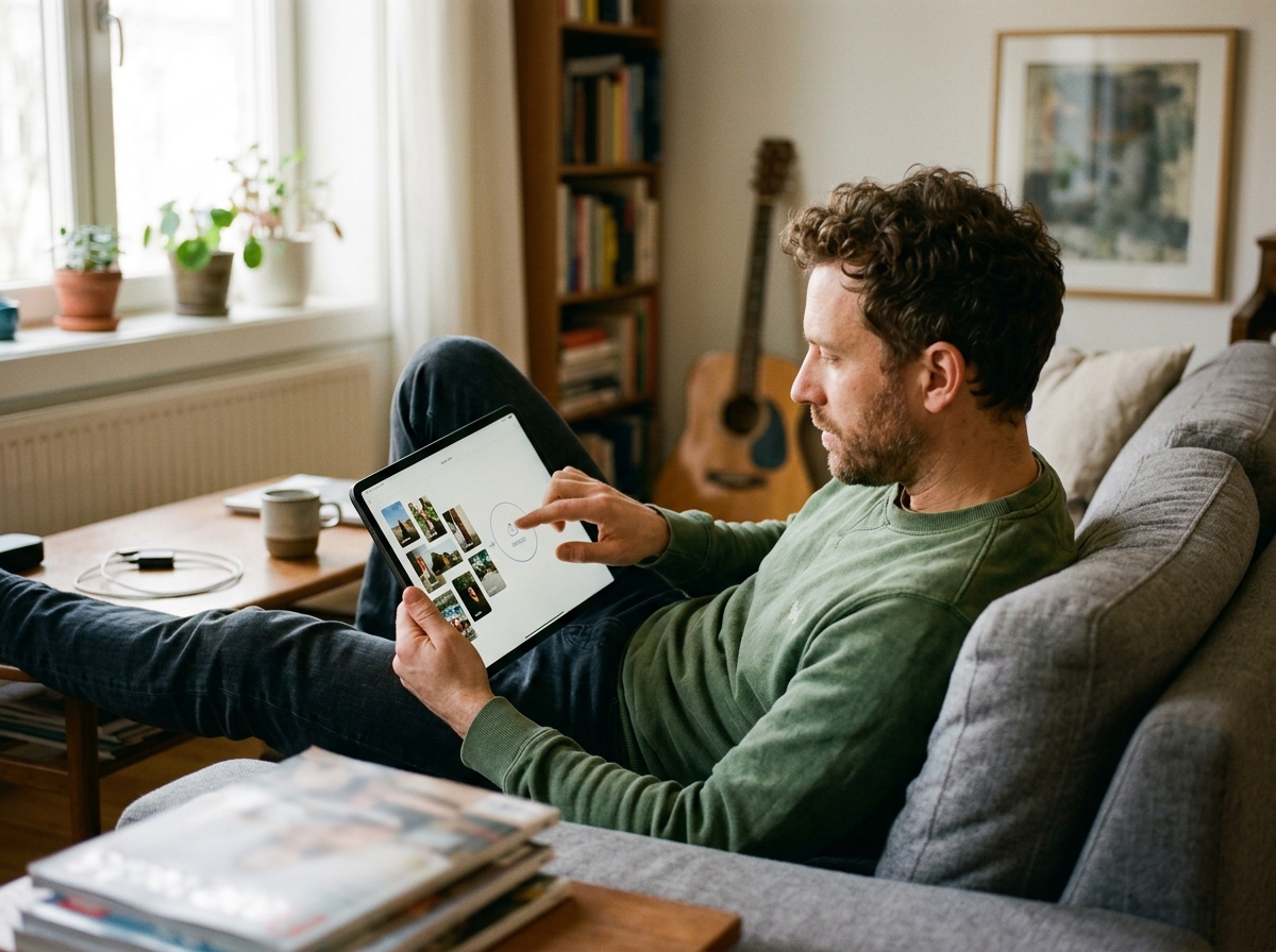 A content creator on a couch using a tablet to batch-upload videos to an AI keywording service.