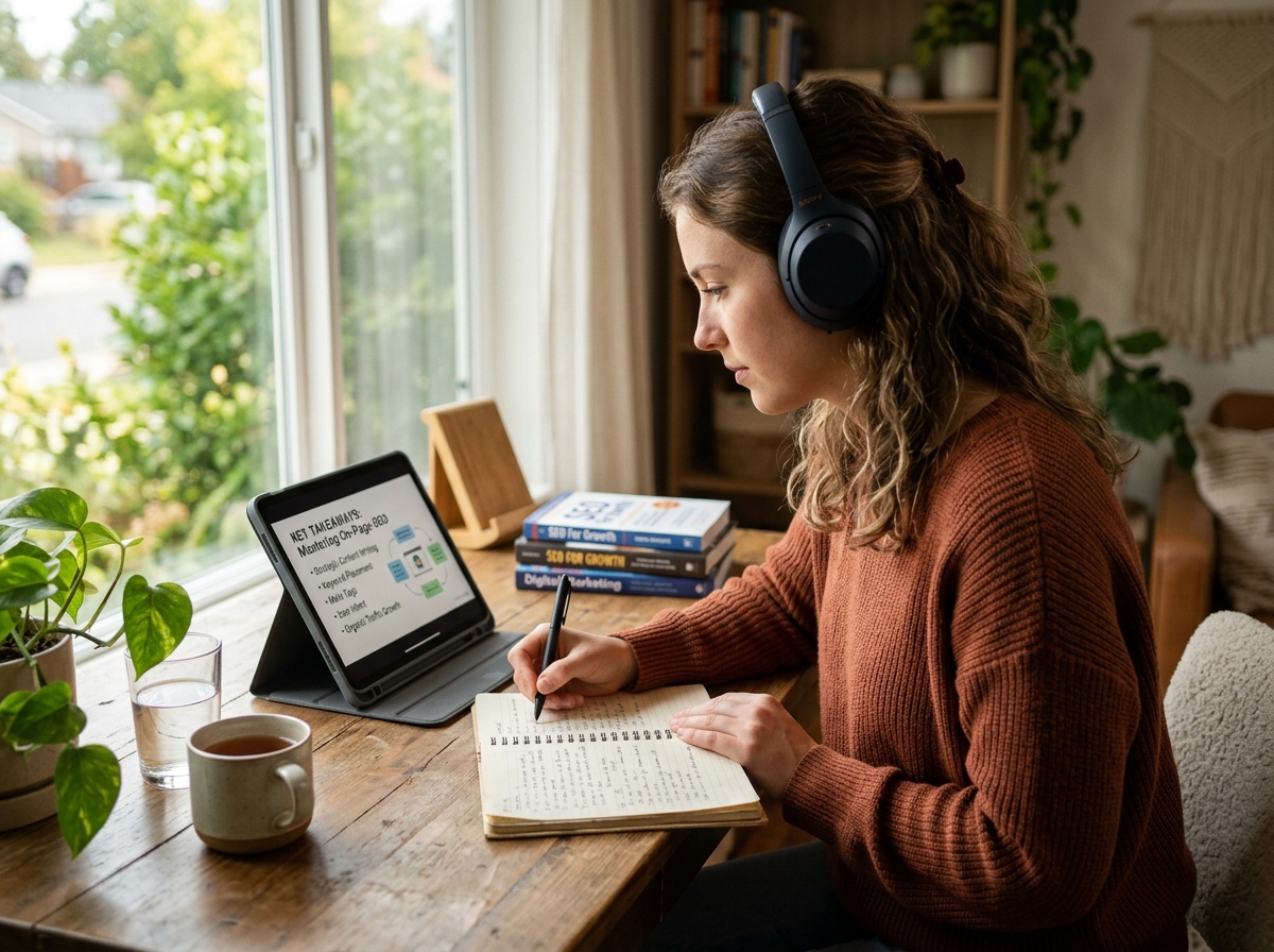 A person taking a free online SEO content writing course from their home office.