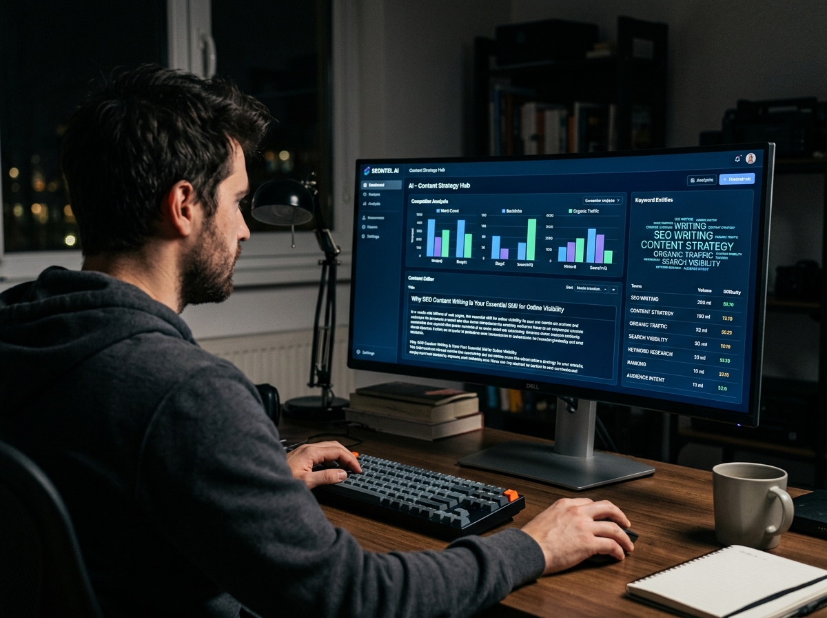 A content strategist using an AI tool to analyze competitor content for an SEO article.
