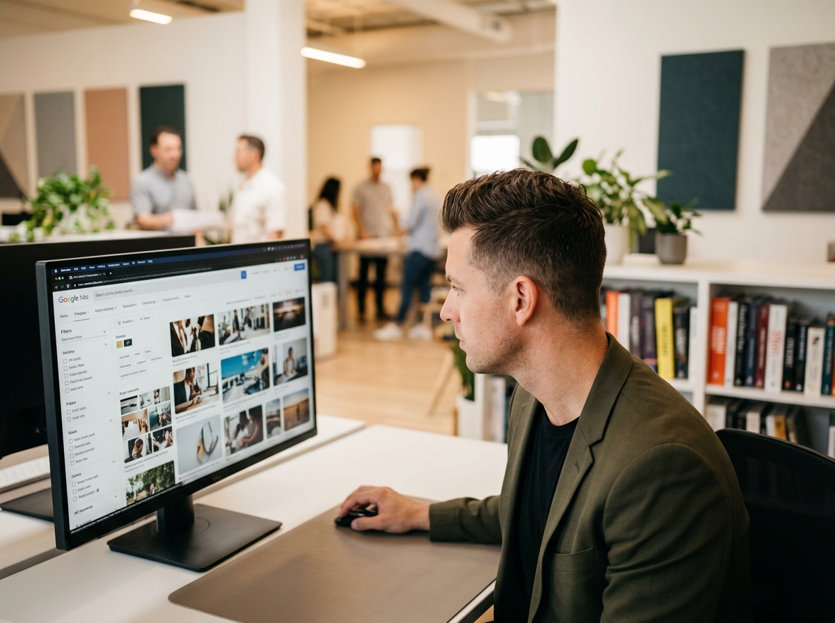 A creative director searching for a specific image on a large monitor, demonstrating the buyer's search experience.