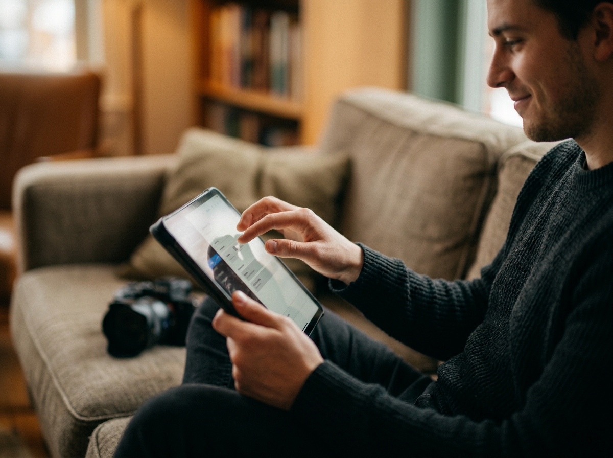 A videographer smiling as he reviews AI-generated keywords for his video clips on a tablet.