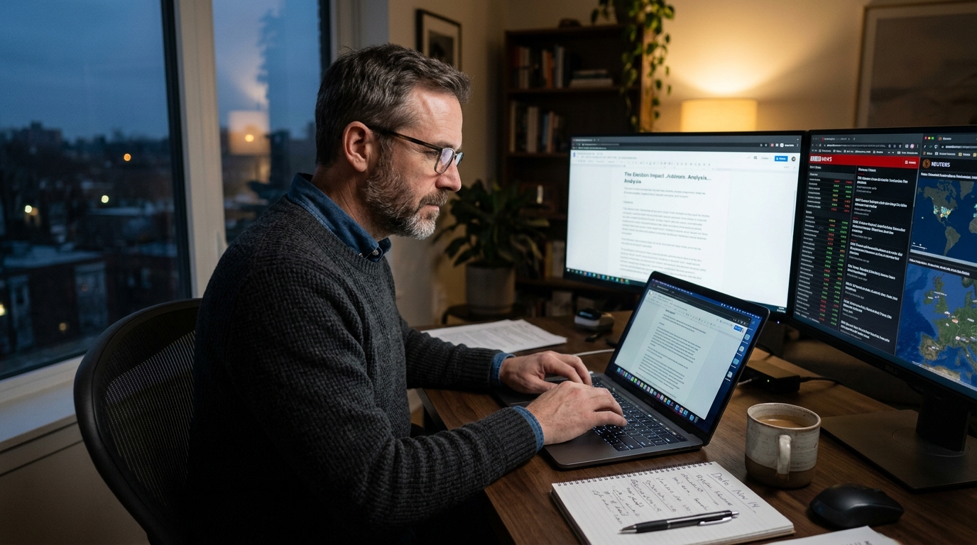 A dedicated journalist working at a desk in the early morning, with soft light coming through a window, symbolizing Barry Schwartz's work et