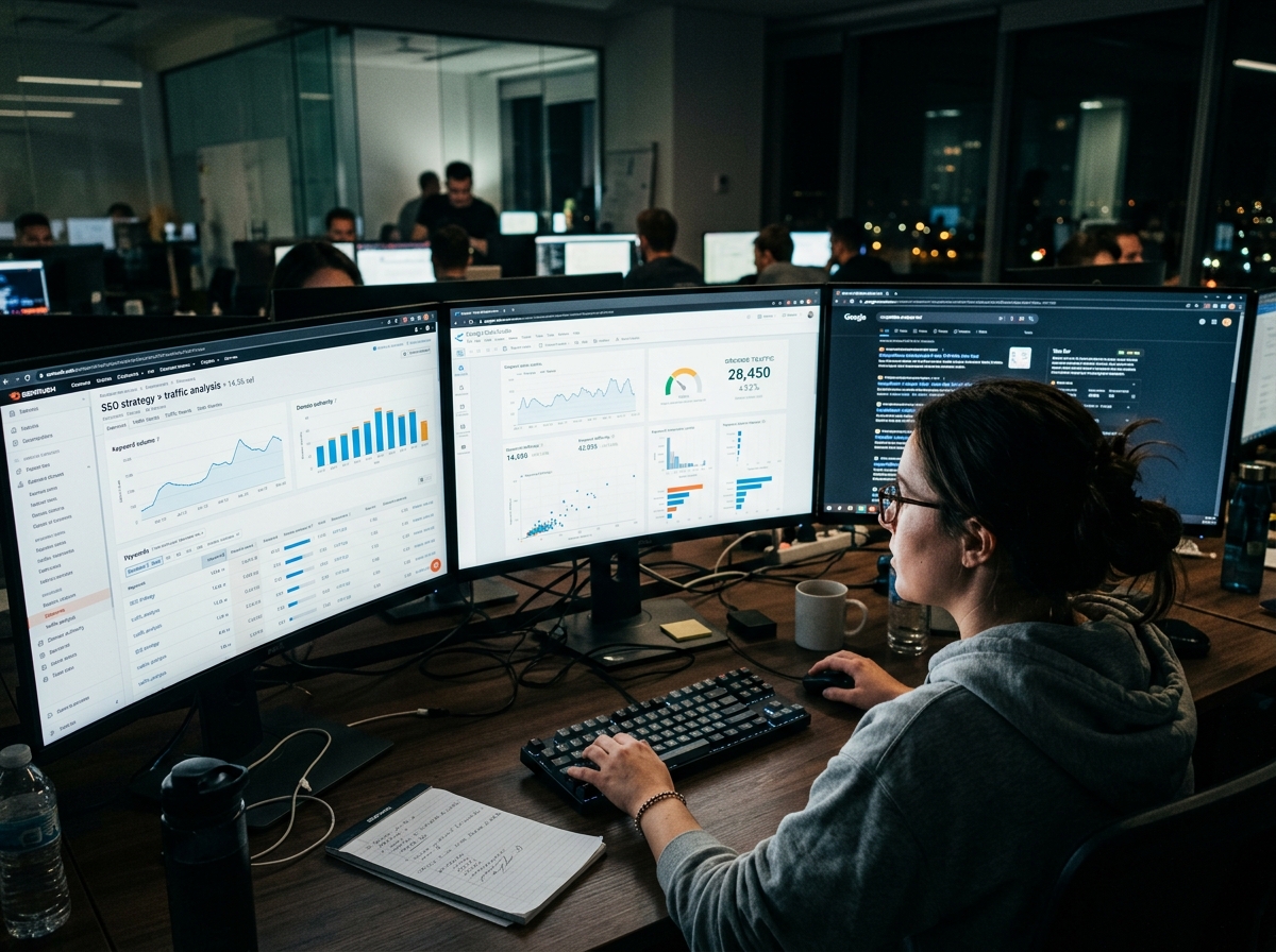 An SEO professional intensely analyzing multiple screens showing fluctuating data graphs and search engine results.