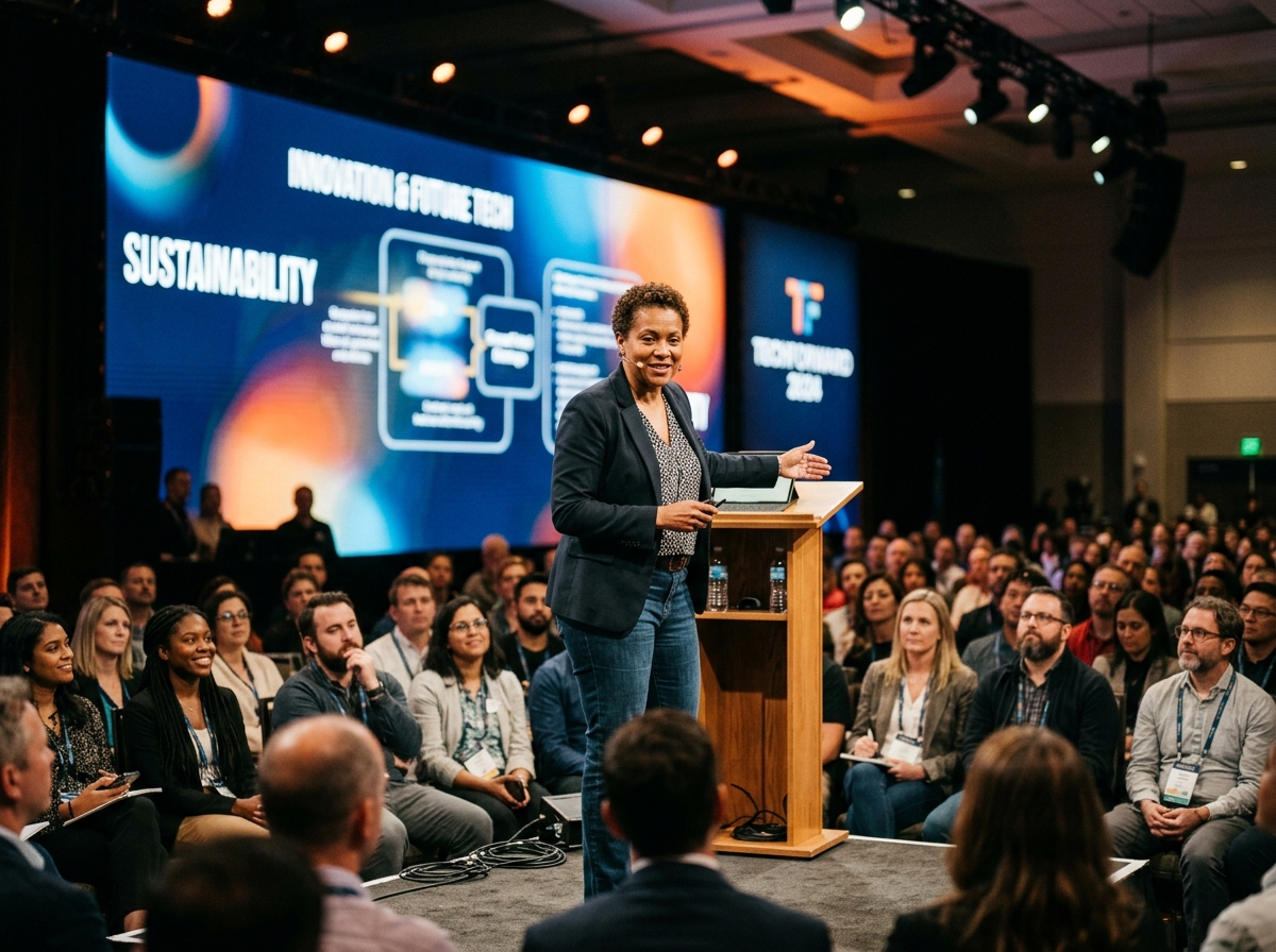 An expert speaker on a stage at an SEO conference, engaging with an attentive and diverse audience.