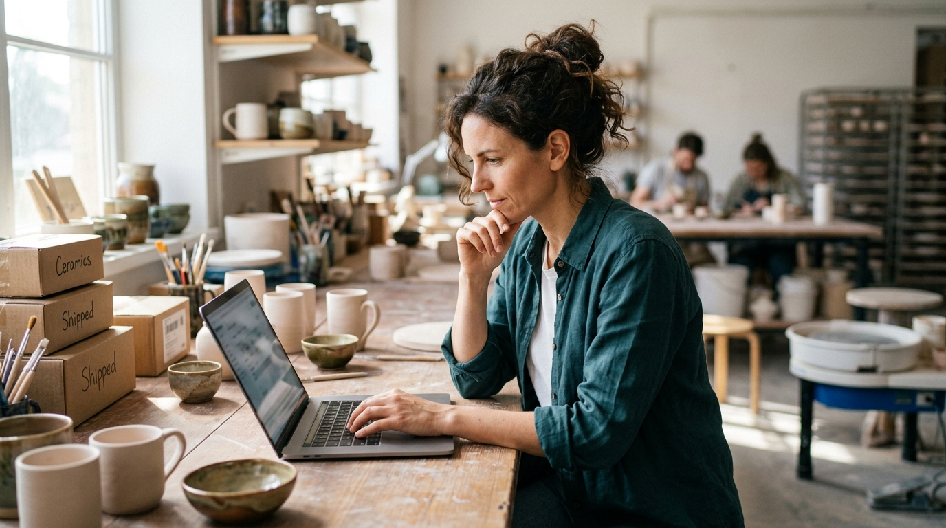 A small business owner optimizing her Amazon product listing on a laptop in her workshop.