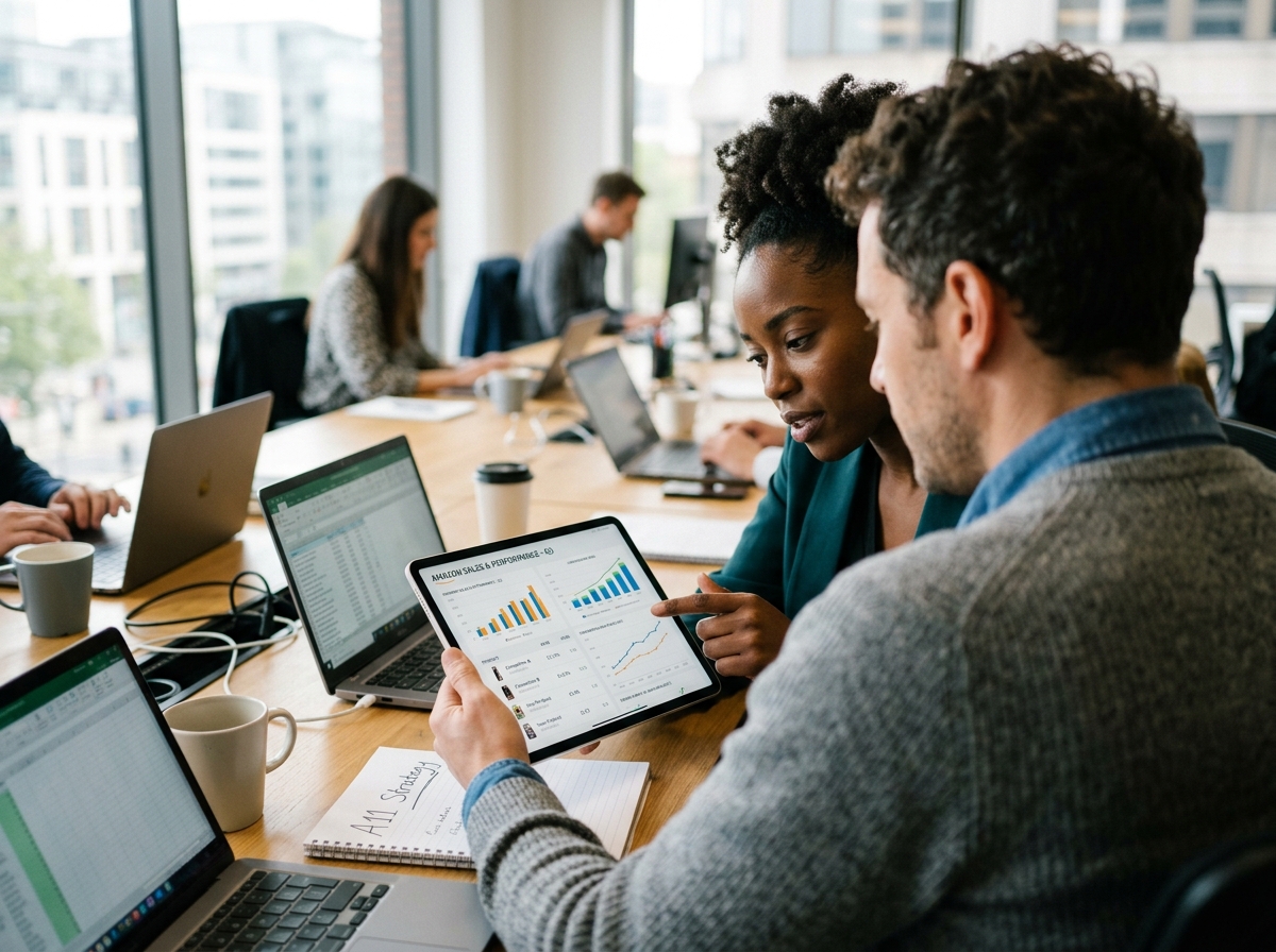 Two e-commerce managers collaborating over a tablet showing Amazon sales data.
